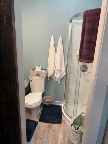 a bathroom with a toilet and a shower