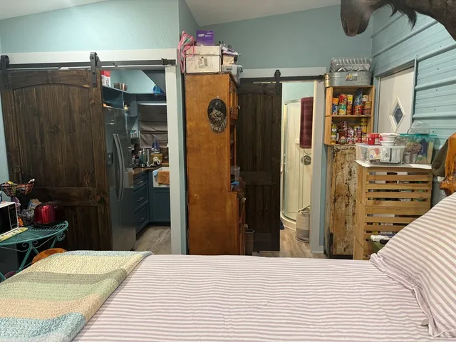 a bedroom with a bed and a closet