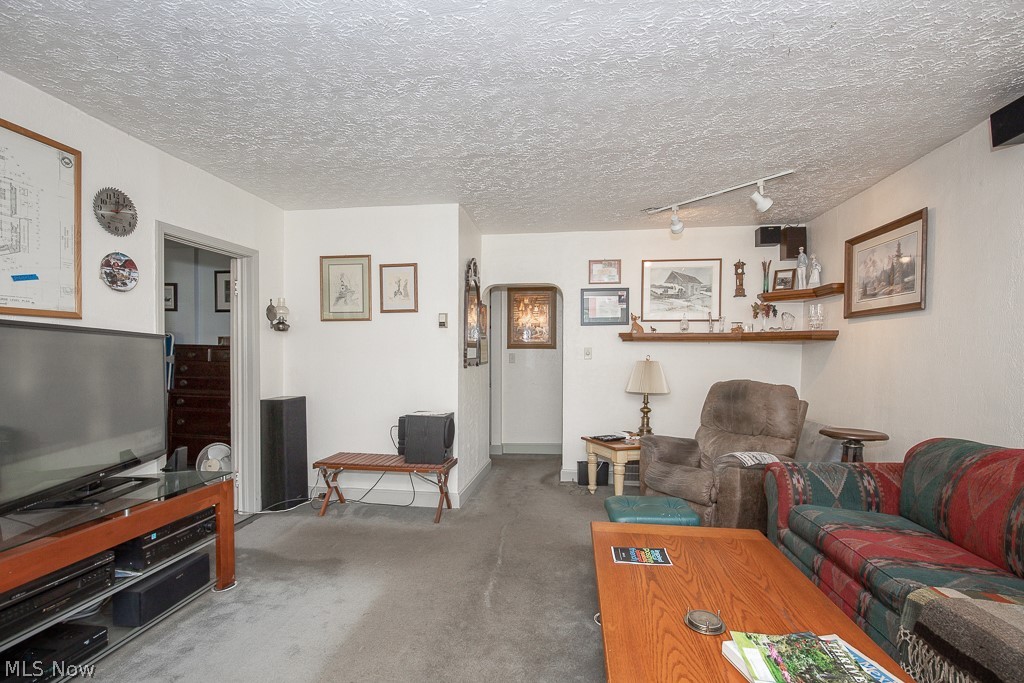 4541 Emerson Road Cleveland, OH 44121 - Photo 2 of 12 Living room featuring a textured ceiling, track lighting, and carpet
