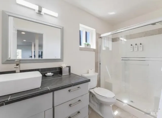 a bathroom with a sink a toilet a mirror and shower