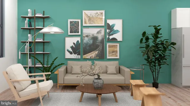 a living room with furniture potted plant and a lamp