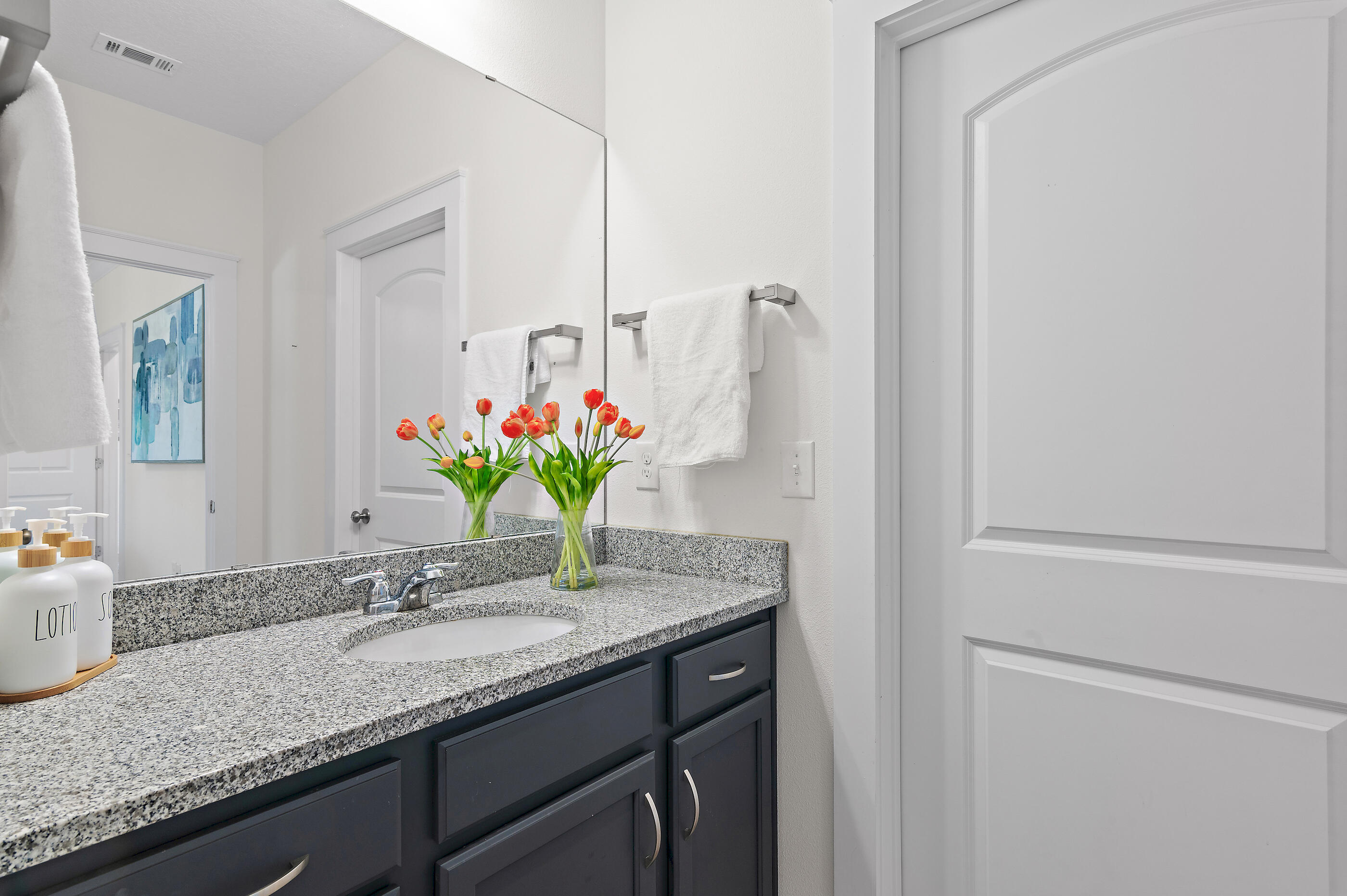 288 Robert Ellis Street Santa Rosa Beach, FL 32459 - Photo 34 of 61 a bathroom with a granite countertop sink and a mirror