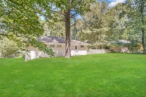 a view of a park with large trees