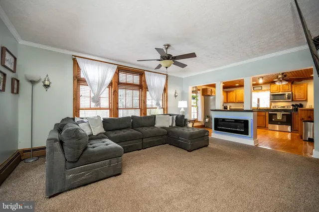a living room with furniture and a ceiling fan