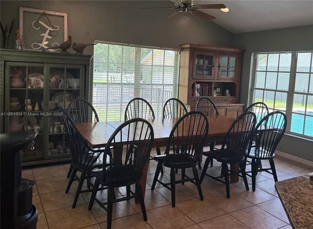 a view of a dining room with furniture window and outside view