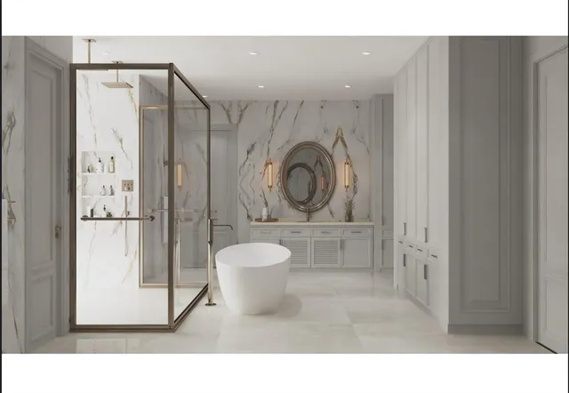 a bathroom with a sink a mirror and a shower