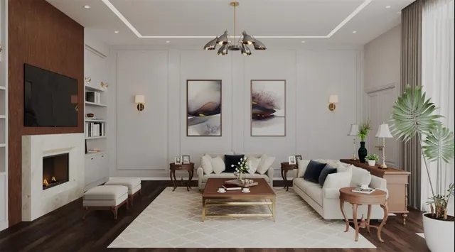 a living room with furniture fireplace and flat screen tv
