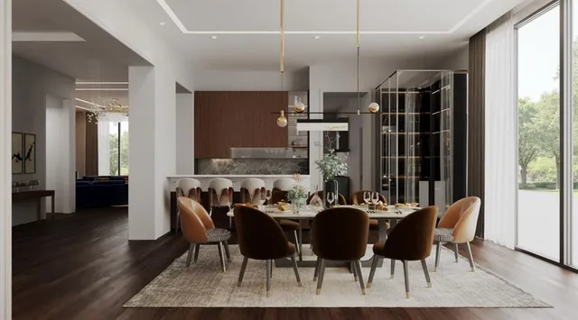 a view of a dining room with furniture and wooden floor