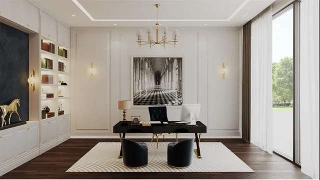 a view of a hallway with wooden floor and a chandelier