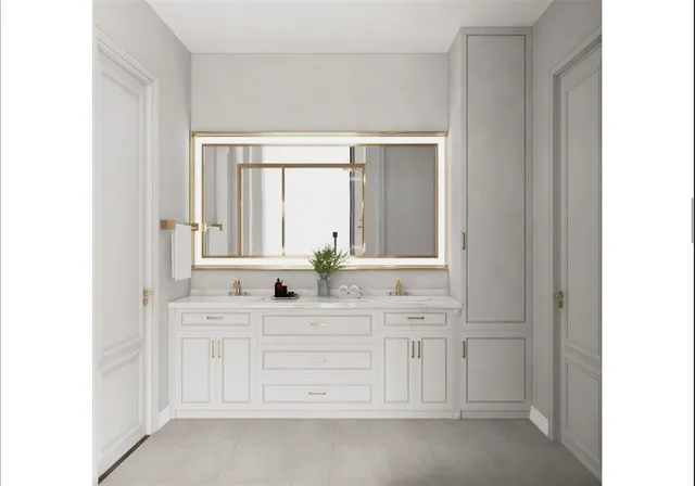 a bathroom with a double vanity sink a mirror and a bathtub