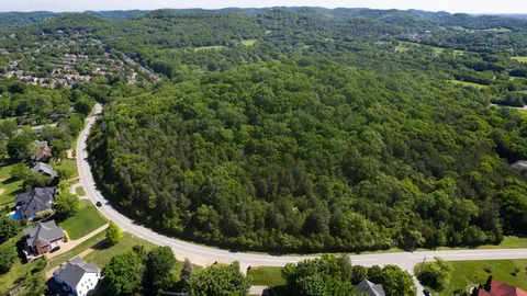 an aerial view of a house with a lush green forest