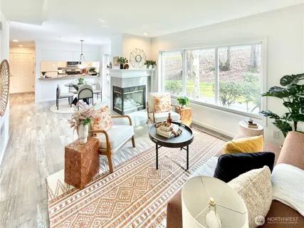 a view of a livingroom with a large window