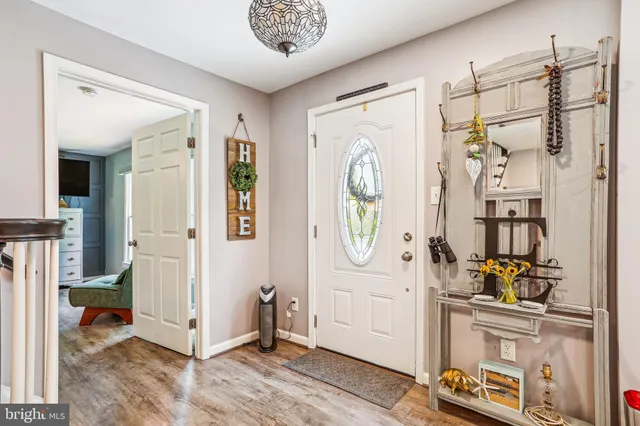 a view of a hallway with entryway wooden floor and front door