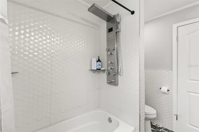 a bathroom with a bathtub and a toilet