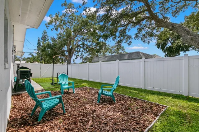a backyard of a house with table and chairs