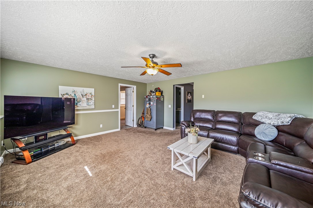 7290 Turner Road Pierpont, OH 44082 - Photo 21 of 36 Carpeted living room with a textured ceiling and ceiling fan