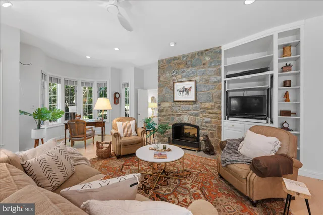 a living room with furniture potted plant and a fireplace