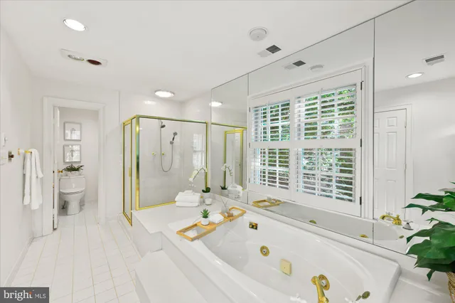 a bathroom with a tub a sink and a large mirror