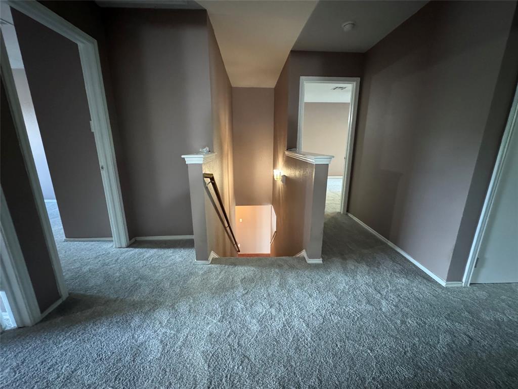 3200 Crownover Street Austin, TX 78725 - Photo 21 of 23 A plush carpeted hallway connects various rooms, leading to a visible staircase.