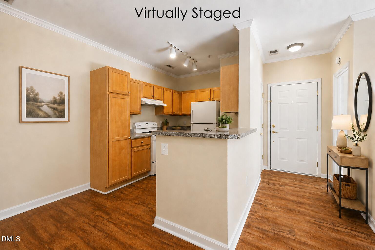 801 Moratuck Drive, Unit 202 Raleigh, NC 27604 - Photo 5 of 23 a view of kitchen with furniture and wooden floor
