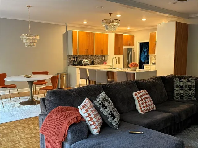 a view of a dining room with furniture