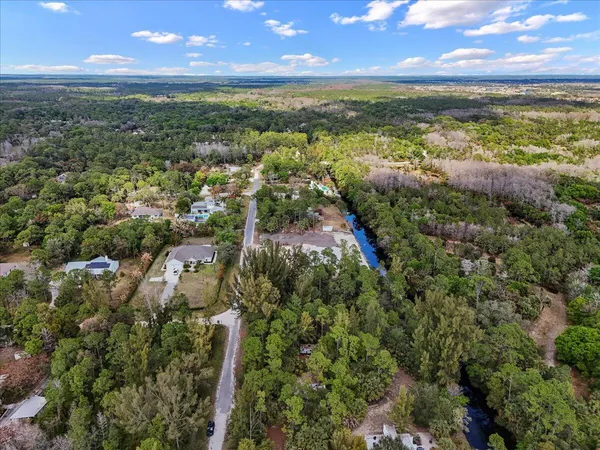 an aerial view of residential houses with outdoor space and trees
