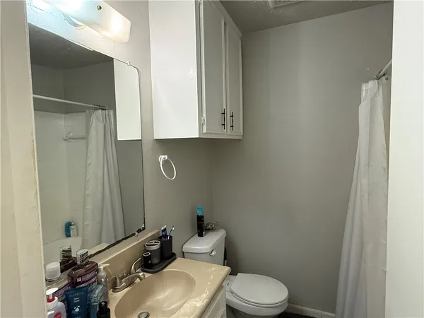 a bathroom with a sink a toilet and mirror