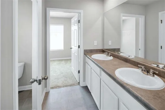 a bathroom with a sink double vanity and a mirror