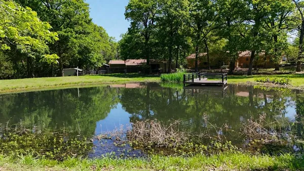 a view of a lake with large trees