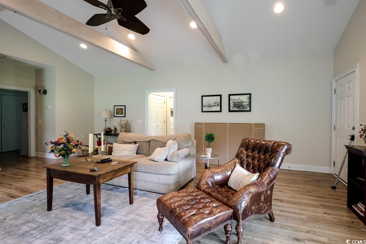 5900 Pope Martin Road Conway, SC 29527 - Photo 5 of 31 Living room with beamed ceiling, light wood finished floors, ceiling fan, high vaulted ceiling, and recessed lighting