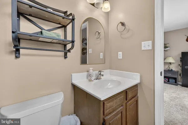 a bathroom with a sink a toilet and a mirror