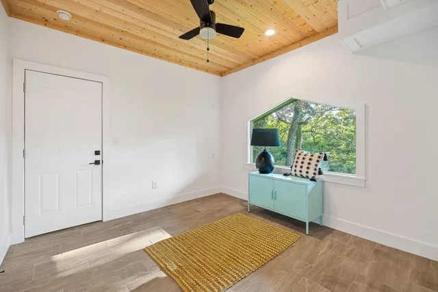 a view of a yard with plants and trees