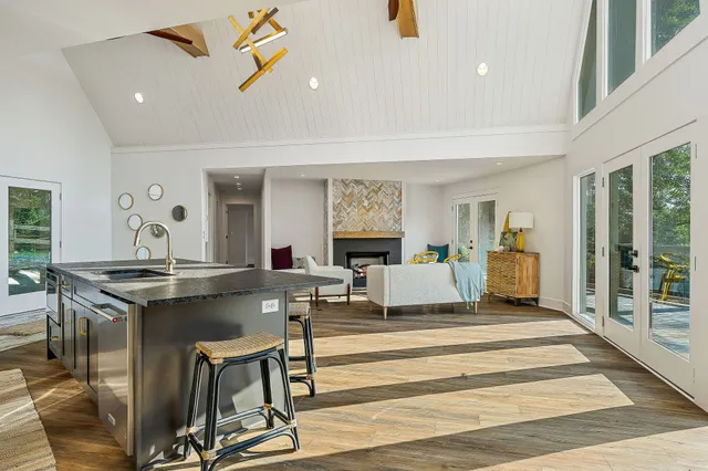 a living room with a wooden floor