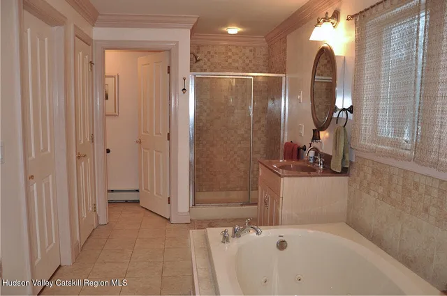 a bathroom with a bathtub and a shower