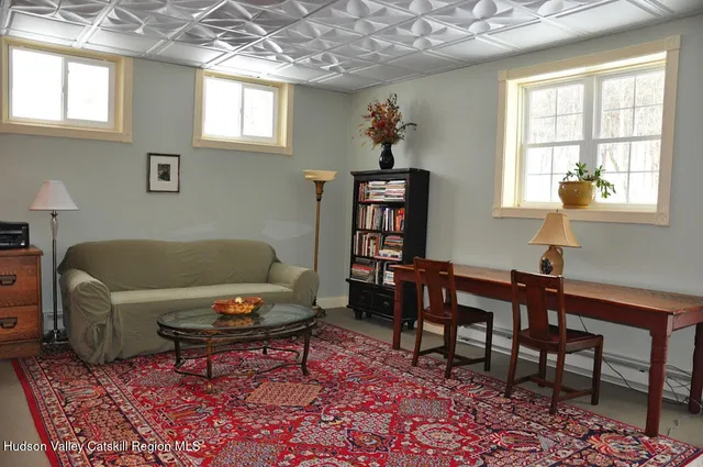 a living room with furniture a rug and a window