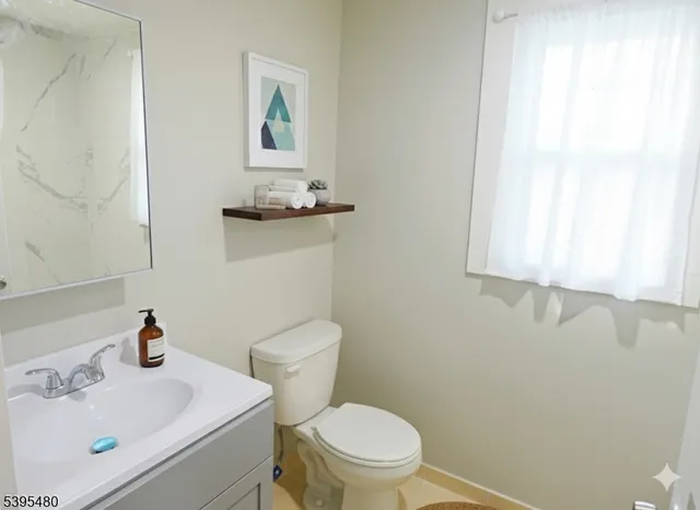 a bathroom with a sink mirror and toilet