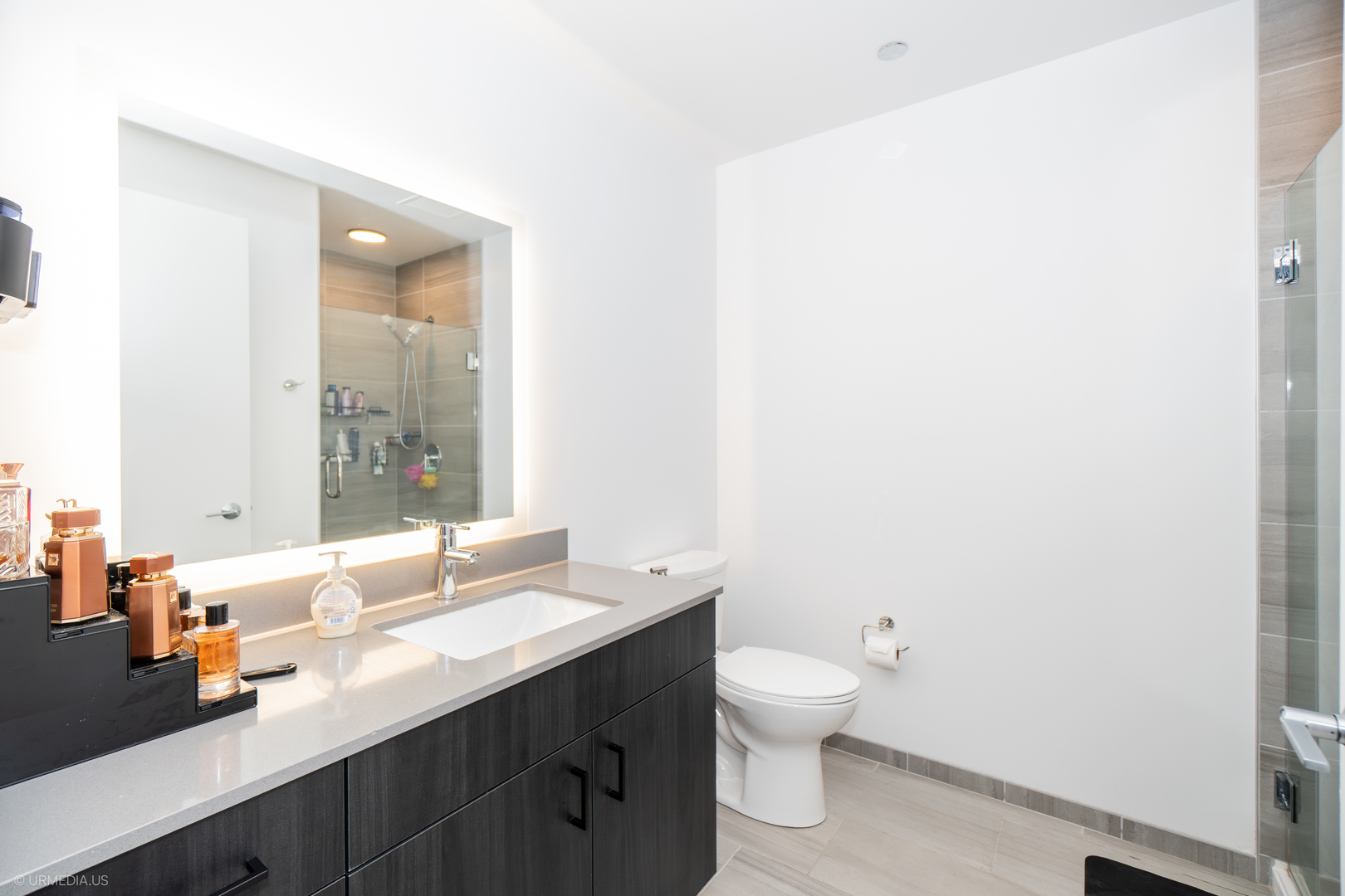 808 North Cleveland Avenue, Unit 1608 Chicago, IL 60610 - Photo 8 of 20 a bathroom with a double vanity sink toilet and a mirror