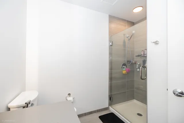 a bathroom with a shower and toilet