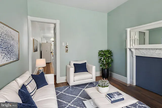 a living room with furniture and a potted plant