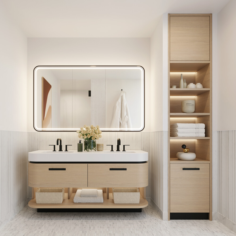 480 Kent Avenue, Unit 18B Brooklyn, NY 11249 - Photo 6 of 32 a bathroom with a sink and a mirror