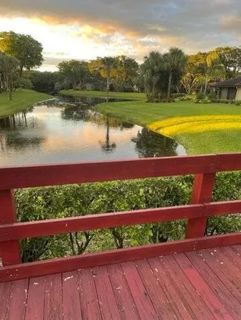 a view of a swimming pool with a lounge chair and palm trees