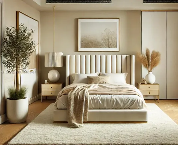 a bedroom with a large bed and a potted plant