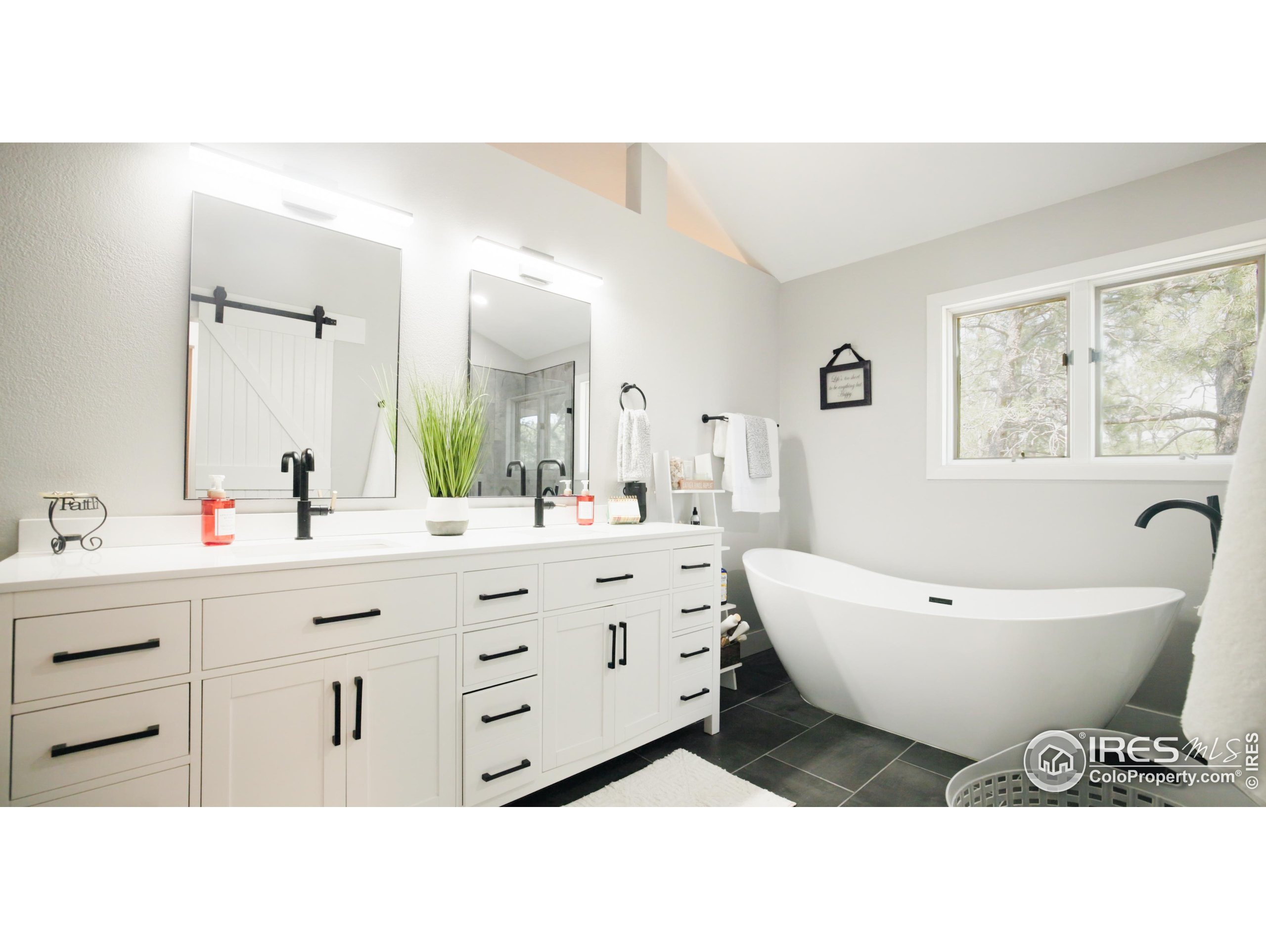 8987 Village Pines Circle Franktown, CO 80116 - Photo 9 of 31 a bathroom with a sink double vanity mirror bathtub and window