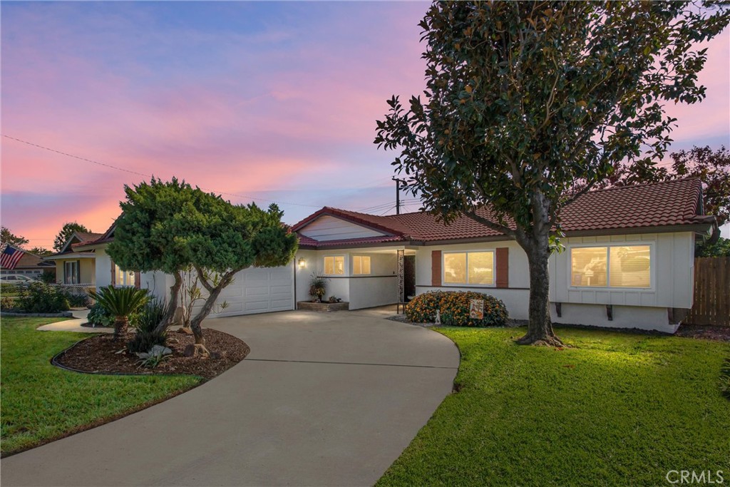 a front view of a house with a yard and trees