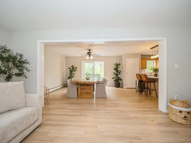 a living room with furniture and a dining table with potted plant