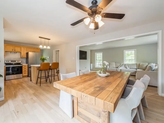 a view of a dining room with furniture