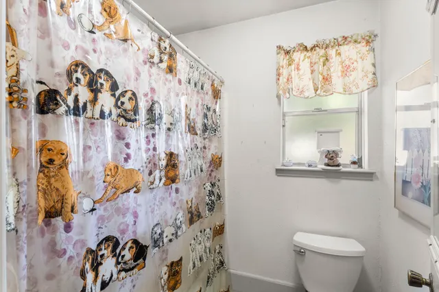 a bathroom with a toilet and a shower curtain
