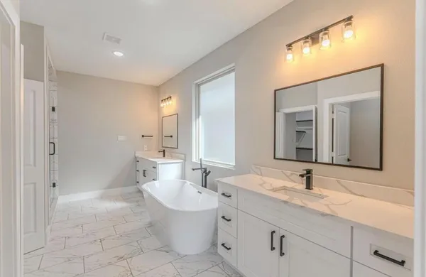 a bathroom with a double vanity sink mirror and a bathtub