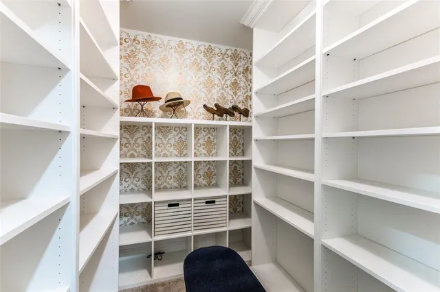 a view of walk in closet with empty racks