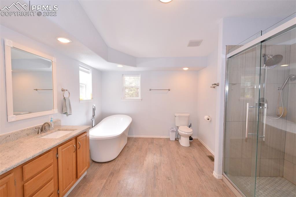 123 Pawutsy Road Florissant, CO 80816 - Photo 20 of 30 a bathroom with a double vanity sink toilet mirror and shower